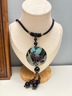 Hand-Painted Black & Blue Floral Cloisonné Pendant Necklace